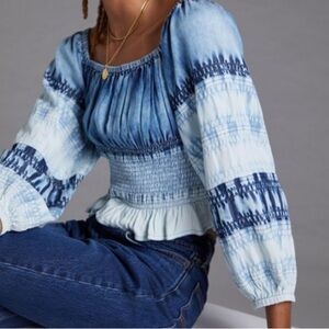 Anthropologie Pilcro stretchy smocked chambray top S Ombré blue NWT